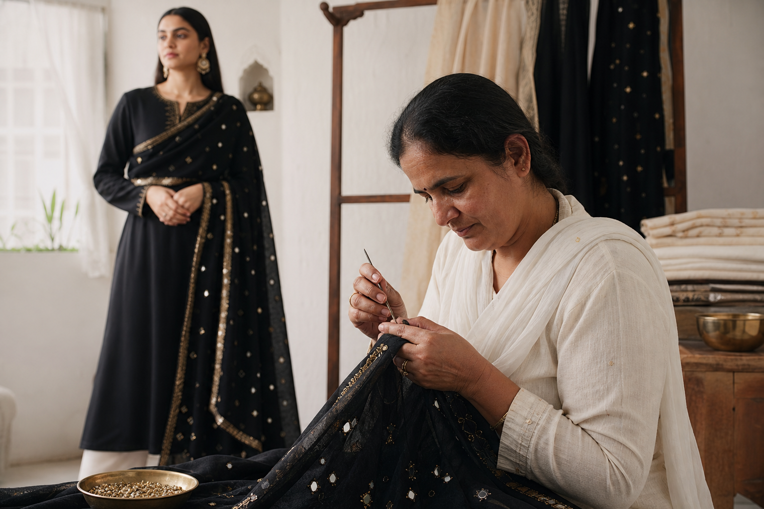 Gujarati artisan embroidering while a model wears the finished garment