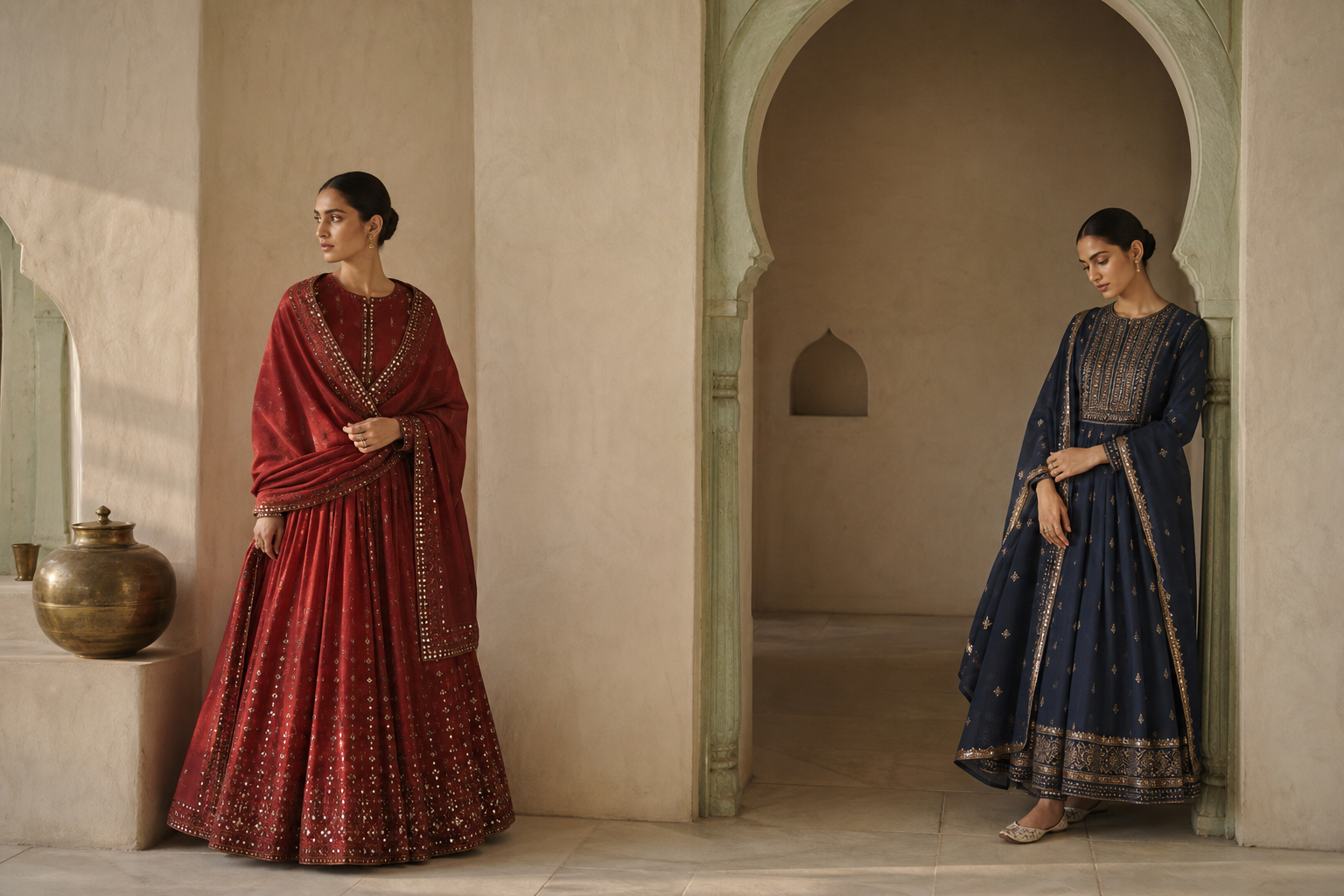 Two models wearing contemporary Gujarati heritage occasionwear