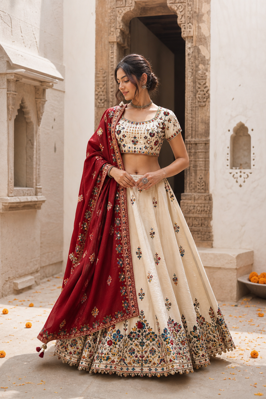 Model in ivory Gujarati occasionwear